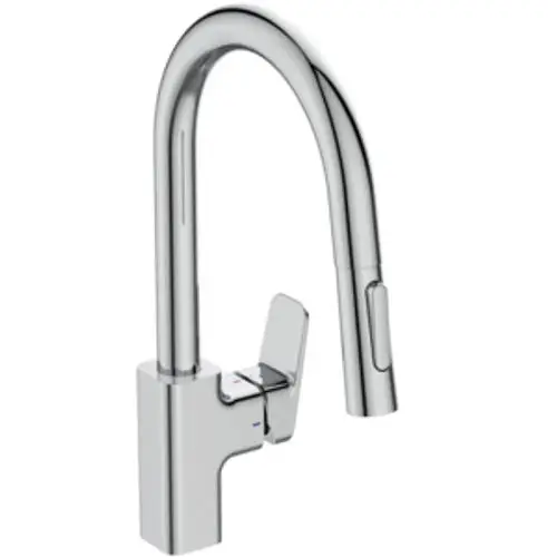 Küchenarmatur aus Chrom von Ideal Standard mit hoch gebogenem Auslauf und seitlichem Hebel für die Steuerung. Ideal für moderne Küchenumgebungen.
